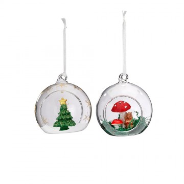 Igb446812 set van 2 glazen kerstballen met paddestoel en kerstboom ering